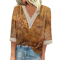 Womens 3/4 Sleeve Summer Tops,Fall Plus Size 3/4 Sleeve Tops Lace Panel Collar Blouses 3/4 Sleeve V Neck Printed Shirts