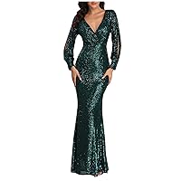 Women's Floral Dress Long Sleeve Sexy V-Neck Sequined Slim Fit Mermaid Evening Dress Dresses