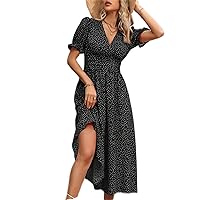 Dresses for Women - Polka Dot Print Puff Sleeve Dress