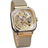 FORSINING Fashion Automatic Mechanical Wrist Watch Golden for Mens Waterproof Watches with Stainless Steel Skeleton Transparent Dial with Royal Flower Movement Carving