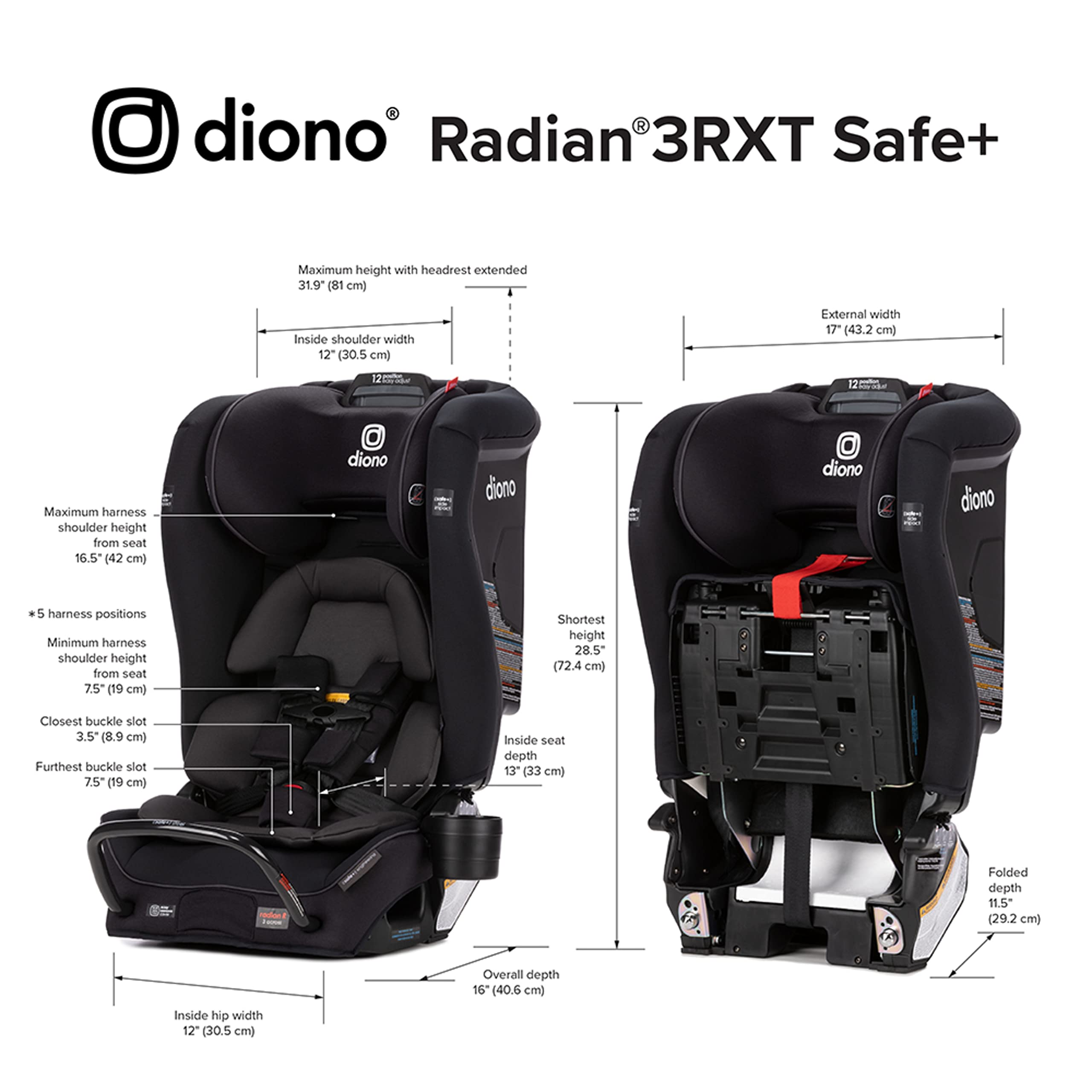 Diono Radian 3RXT SafePlus, 4-in-1 Convertible Car Seat, Rear and Forward Facing, SafePlus Engineering, 3 Stage -Infant Protection, 10 Years 1 Car Seat, Slim Fit 3 Across, Black Jet