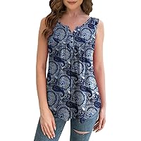 Women's Sleeveless Tops Henley V Neck Shirts Floral Printed Plus Size Blouse