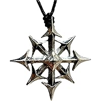 Gothic Chaos Star Shiny Silver Pewter Pendant Necklace w Black Adjustable Cord