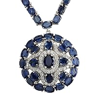 57.24 Carat Natural Blue Sapphire and Diamond (F-G Color, VS1-VS2 Clarity) 14K White Gold Luxury Necklace for Women Exclusively Handcrafted in USA