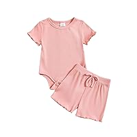 Infant Baby Girl 2Pc Ribbed Knit Summer Clothes Short Sleeve Romper and Shorts Set Solid Color Cute Casual Outfit