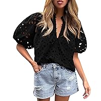PRETTYGARDEN Women's Summer Tops Dressy Casual Short Lantern Sleeve V Neck Buttons Hollow Out Lace Embroidered Blouses Shirts
