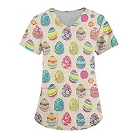 Short Sleeve Tunic Women's Tee Easter Printed Tshirt Trendy Tops V-Neck Workwear Dressy Shirt with Pockets Casual Blouse