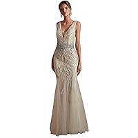 Women's Sexy Mermaid Long Prom Dresses V Neck Beaded Evening Gowns