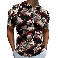 Cat and Dog with Christmas Hats Men's Zippered Polo Shirts Short Sleeve Golf T-Shirt Regular Fit Casual Tees