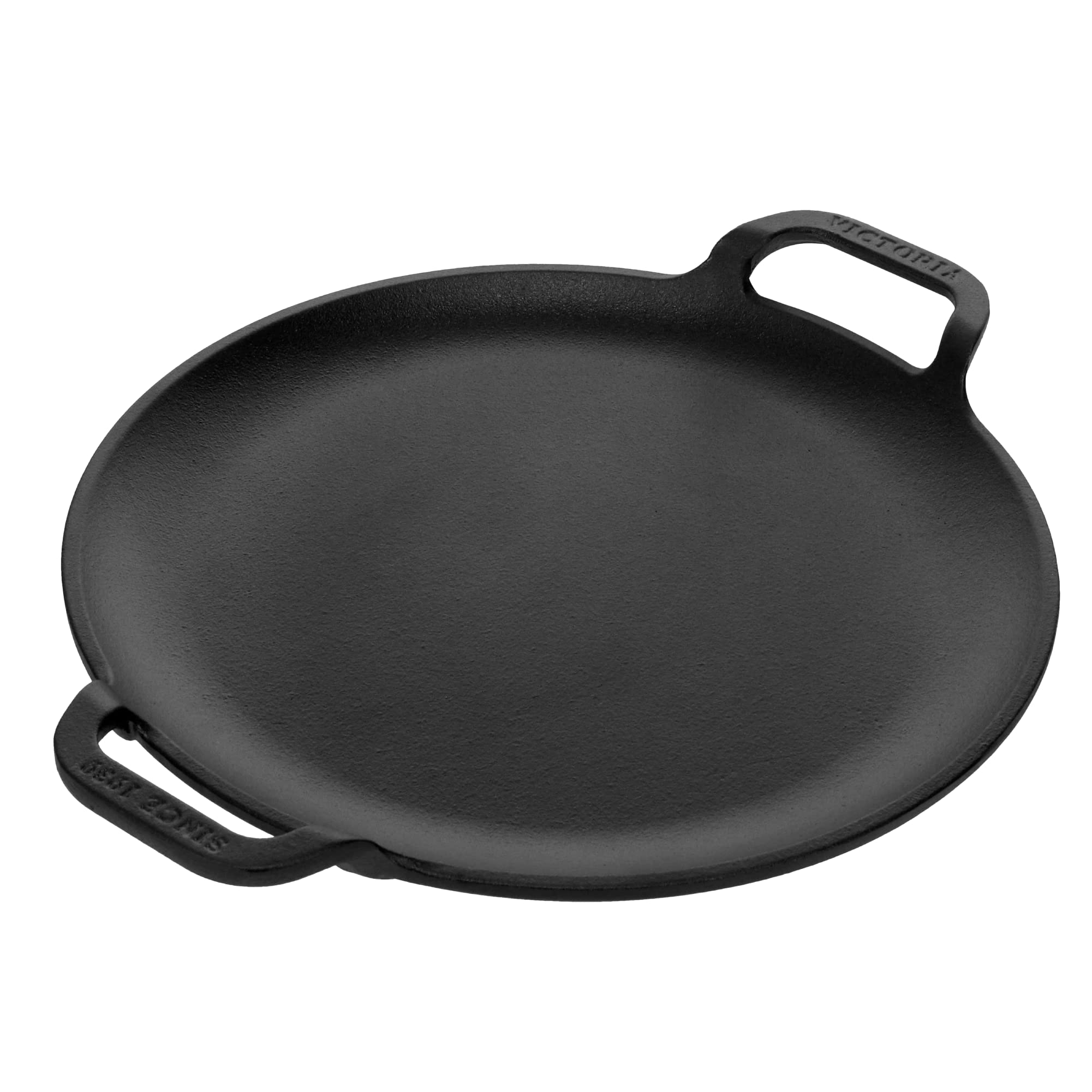 Victoria 10-Inch Cast-Iron Comal Pizza Pan with 2 Side Handles, Preseasoned with Flaxseed Oil, Made in Colombia
