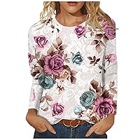 Women Long Sleeve Tops Dressy Ethnic Floral Print Crew Neck Shirts Loose Fit Casual Sweatshirt Trendy Clothes