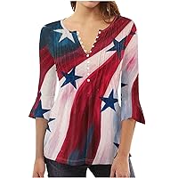 4th of July Elegant Tunic Tops Women American Flag Patriotic Henley Shirts 3/4 Bell Sleeve Button Pleated Blouses