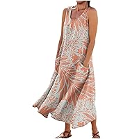 Women's Summer Dresses Cotton Linen Floral Print Dresses Sleeveless Beach Vacation Flowy Long Sundress with Pockets