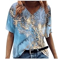 Summer Outfits For Women,Women Retro Marble Printed V Neck Short Sleeve Shirt Lightweight Soft Summer Outfits Clothes