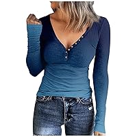 Womens Fashion Henley Shirts Button Scoop Neck Tunic Tops Ribbed Long Sleeve T-Shirts Casual Graphic Teen Outfits