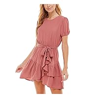 Womens Pink Stretch Belted Textured Ruffled Pouf Sleeve Round Neck Short Party Fit + Flare Dress XS