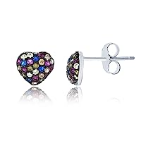 Sterling Silver Black & White Micropave Multi Color Puff Heart Stud Earring