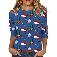 Merry Christmas Women Shirts Fashion Holiday 3/4 Sleeve Tops Crew Neck Loose Fit T-Shirt Sexy Workout Clothes