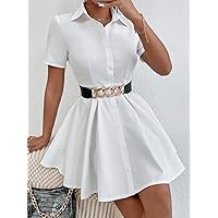 Dresses for Women Women's Dress Button Through Shirt Dress Without Belt Dresses (Color : White, Size : XX-Small)