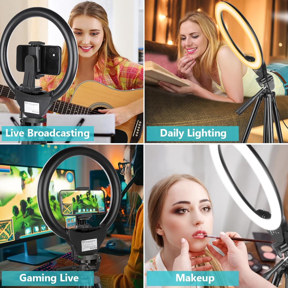 Sensyne 10'' Ring Light with 50'' Extendable Tripod Stand, LED Circle Lights with Phone Holder for Live Stream/Makeup/YouTube Video/TikTok, Compatible with All Phones