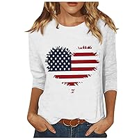 4Th of July Shirts for Women 3/4 Sleeve Plus Size T Shirt Hawaiian Beach Round Neck Soft Cotton Tops