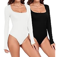 Women's 2 Piece Bodysuits Sexy Ribbed Bodysuits, One Piece Square Neck Long Sleeve Body Suits Tops