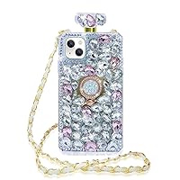 Losin Perfume Bottle Case Compatible with iPhone 14 Luxury Bling Glitter Diamond Gemstone Cover 3D Shiny Sparkly Rhinestones Ring Stand Kickstand with Fashion Crossbody Lanyard for Women Girls