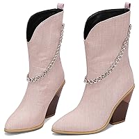 MOOMMO Women Chunky Stacked Heel Western Mid Calf Boots Pointed Toe Pull On Cowboy Cowgirl Boots Metal Chain Snakeskin Crocodile Boots Animal Print V Cut Fashion Fall Booties Party Office 4-15 M US