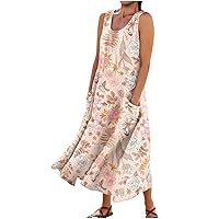Dresses for Women 2024 Summer Plus Size Casual Comfortable Floral Print Sleeveless Linen Cotton Pocket Dress