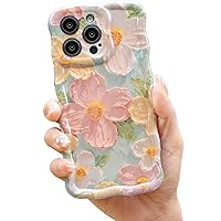 Cute Case for iPhone 15 Pro Max, Colorful Retro Oil Painting Printed Flowers Case, Fashion TPU floral Laser Beam Glossy Pattern Curly Waves Frame Shockproof Protective Case Cover for Girl Women
