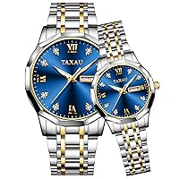 Couple's Dress Watch Couple's Dress Watch Blue Face Couple Watch for Women and Men Two Tone Luxury Diamond Couple's Watch with Day and Date Waterproof Couple Watches for Valentine's Romantic