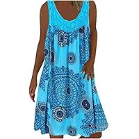 Plus Size Womens Ethnic Lace Patchwork Swing Tank Dress Summer Fashion Caual Crewneck Sleeveless T-Shirt Dresses