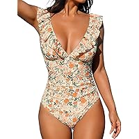 CUPSHE Women's Ruffled One Piece Swimsuit V Neck Lace Up