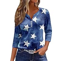 Fourth of July Shirts for Women Casual Stars and Stripes Print Button V Neck 3/4 Length Sleeve Womens Summer Tops 2024