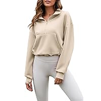 Flygo Womens Half Zip Hoodies Cropped Pullover Sweatshirt Fleece Lined Sweater Tops with Pocket Thumb Hole