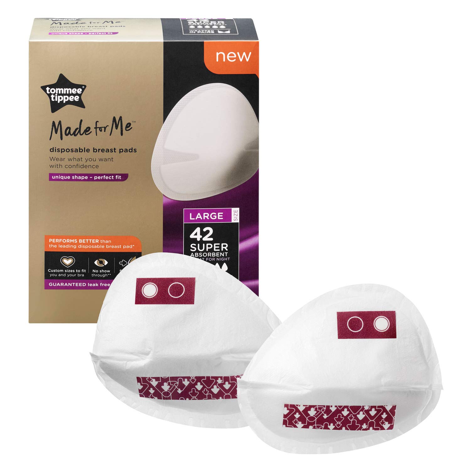 Tommee Tippee Made for Me Super Absorbent Disposable Breast Pads, Soft, Leak-Free, Contoured Shape, Adhesive Patch, Large, Pack of 42