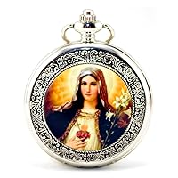 Retro Virgin Mary & Child Jesus Silver Hollow Skeleton Mechanical Pocket Watch Pendant Necklace for Men/Women