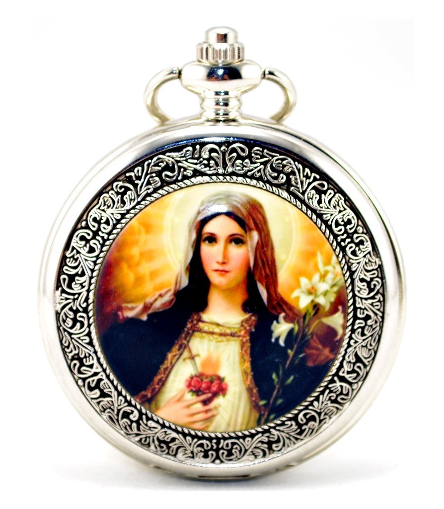 Infinite U Retro Virgin Mary & Child Jesus Silver Hollow Skeleton Mechanical Pocket Watch Pendant Necklace for Men/Women