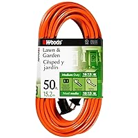 Woods 0723 16/2 SJTW General Purpose Extension Cord; Medium Duty; Ideal for Landscaping and Powering Appliances; Water Resistant Flexible Vinyl Jacket; Durable Molded Plug; 50 Foot; Orange