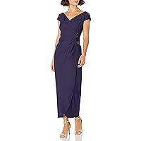 Alex Evenings Women's Petite Slimming Long Cap Sleeve Dress with Side Beaded Detail, Navy, 8P