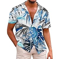 Mens Cotton Linen Hawaiian Shirts Floral Printed Shirts Button Down Short Sleeve Casual Summer Beach Dress Shirt