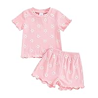 Kupretty Toddler Baby Girl Summer Clothes Ruffle Ribbed Knit Short Sleeves T-Shirt Tops + Shorts Cute Outfits Set