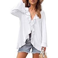 MEROKEETY Women's 2024 Summer Bathing Suit Beach Cover Up Casual Loose Long Sleeve Tie Front Ruffle Kimono Blouse Tops