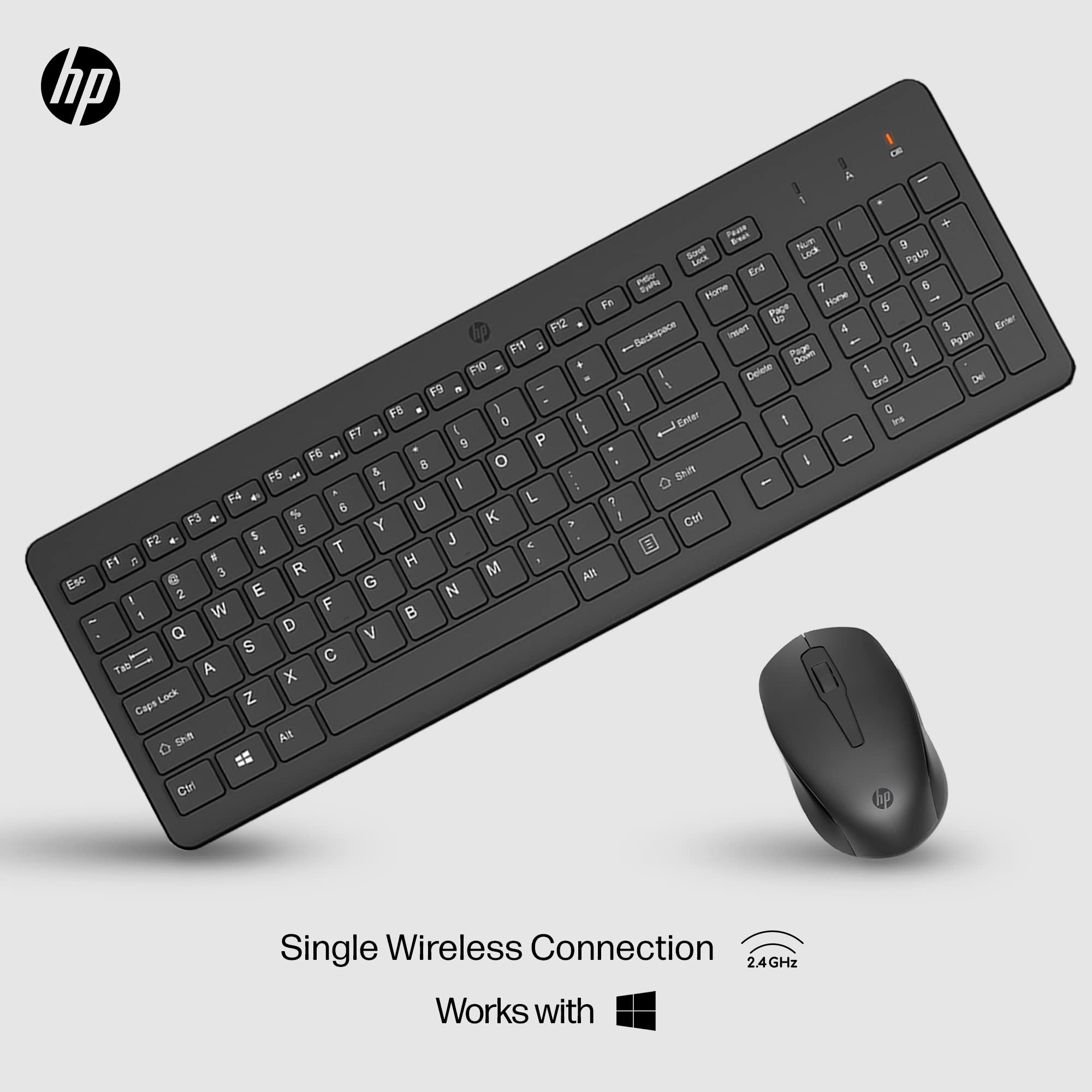 HP 330 Wireless Keyboard and Mouse Combo - 2.4 Ghz Wireless USB Receiver - Chiclet Keys, 12 Keyboard Shortcuts - 1600 DPI Multi-Surface Mouse - LED Num Lock, Caps Lock, Scroll Lock (2V9E6AA)