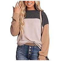 Womens Color Block Long Sleeve Crewneck Knitted 2024 Mother's Day Spring Summer Trendy Casual Loose T Shirts Tops