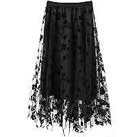 Women Tulle Skirts Layered Tutu Skirt Midi Length Elastic High Waist A Line Skirt