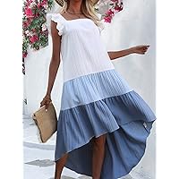 Dresses for Women - Colorblock Ruffle Trim High Low Hem -line Dress (Color : Blue and White, Size : Small)