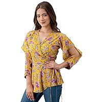 Casual Cutout Sleeve Top Floral Print Women Yellow Top Party