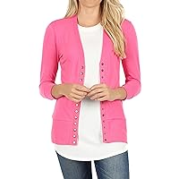 Women Snap Button Front V-Neck Button Down 3/4 Sleeve Ribbed Knit Cardigan (Fuchsia, L)