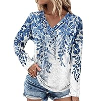 Womens Long Sleeve T Shirts Casual Loose Fit Ruched V Neck Button Down Shirts Vintage Floral Print Blouses Fall Fashion Plus Size Clothes Cute Tunic Tops for Women Trendy Going Out（I Blue，Large）